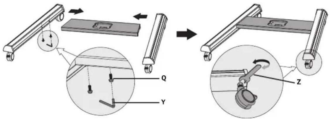 Technical diagram illustrating mechanical assembly steps with labeled components Q, Y, and Z