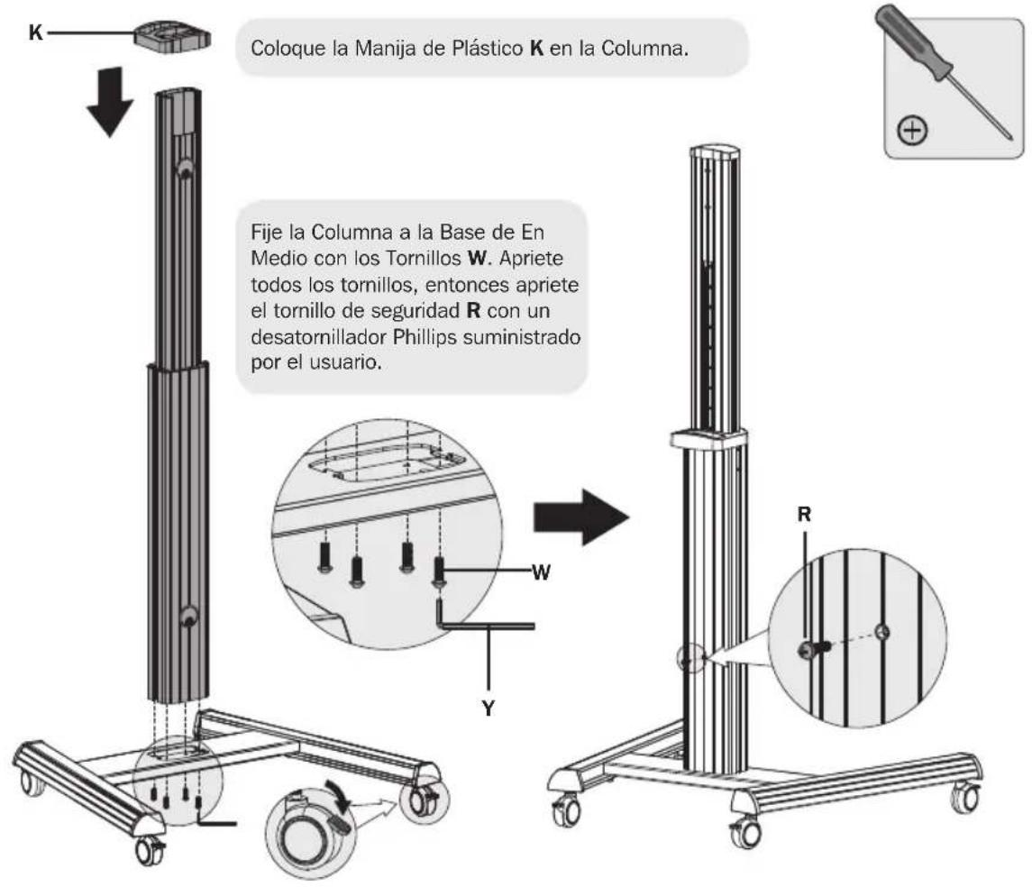 Coloque la Manija de Plástico K en la Columna. Fije la Columna a la Base de En Medio con los Tornillos W. Apriete todos los tomillos, entonces apriete el tornillo de seguridad R con un desatornillador Phillips suministrado por el usuario.