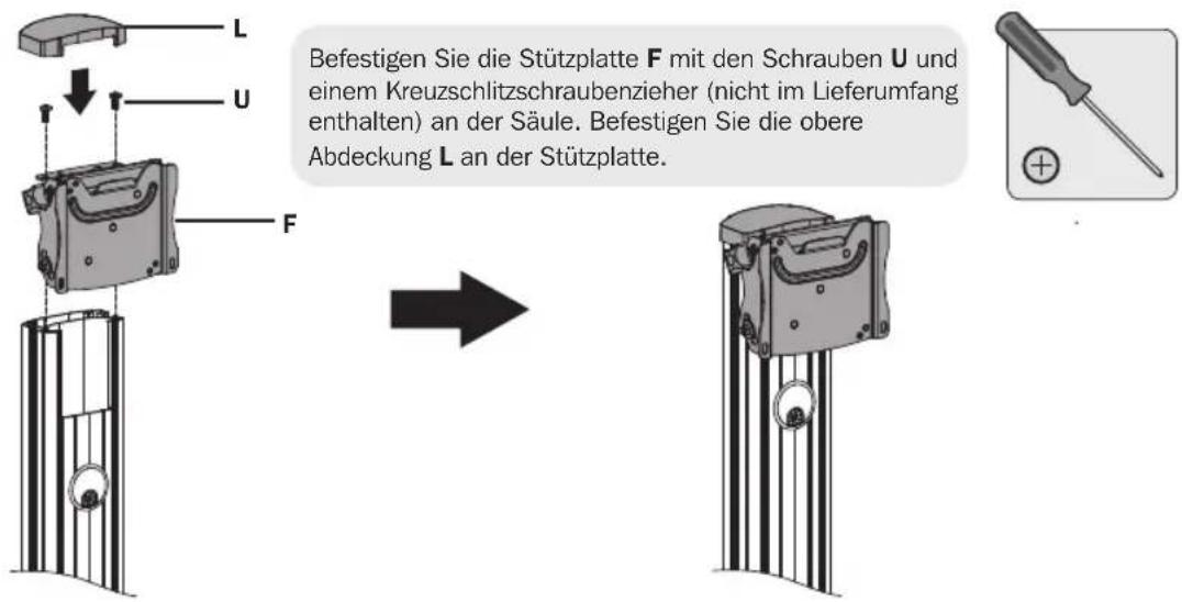 L U F Befestigen Sie die Stützplatte F mit den Schrauben U und einem Kreuzschlitzschraubenzieher (nicht im Lieferumfang enthalten) an der Säule. Befestigen Sie die obere Abdeckung L an der Stützplatte.