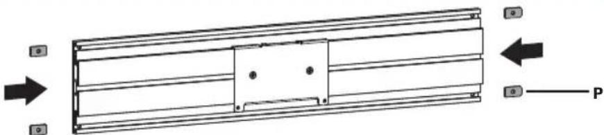 Inserte los Soportes del Adaptador I en la Placa Universal. Alinee los orificios de los Soportes del Adaptador a los orificios en las Arandelas. Inserte los Tornillos Q, pero aún no los apriete.
