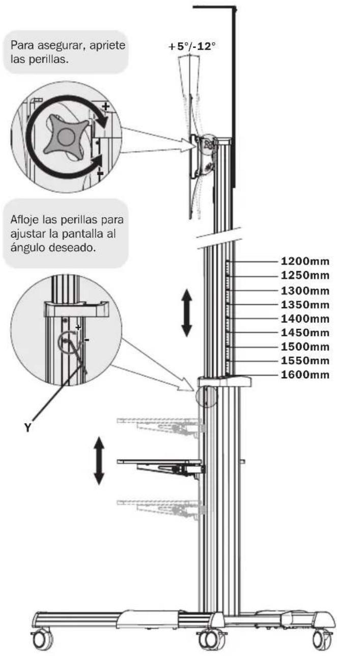 Para asegurar, apriete las perillas. +5°/-12° Afloje las perillas para ajustar la pantalla al ángulo deseado. 1200mm 1250mm 1300mm 1350mm 1400mm 1450mm 1500mm 1550mm 1600mm