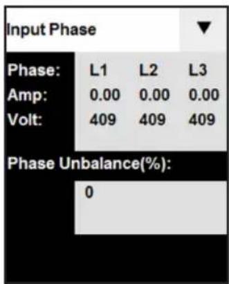 Input Phase Phase: L1 L2 L3 Amp: 0.00 0.00 0.00 Volt: 409 409 409 Phase Unbalance(%): 0