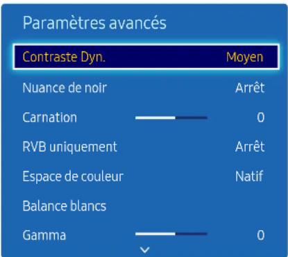 Paramètres avancés Contraste Dyn. Moyen Nuance de noir Arrêt Carnation 0 RVB uniquement Arrêt Espace de couleur Natif Balance blancs Gamma 0
