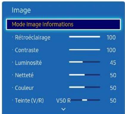 Image Mode Image Informations • Rétroéclairage 100 • Contraste 100 • Luminosité 45 • Netteté 50 • Couleur 50 • Teinte (V/R) V50 R 50