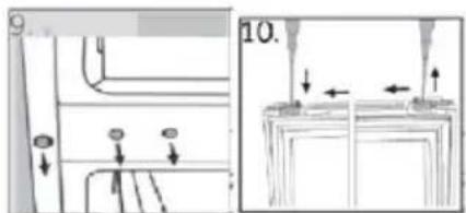 Technical diagram showing mechanical assembly steps with arrows indicating direction and labels 10.