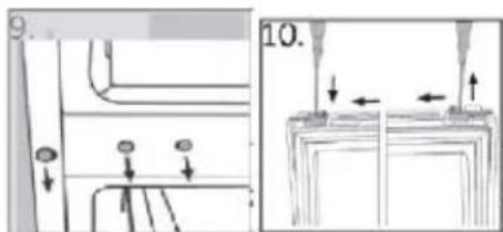 Technical diagram showing mechanical assembly steps with labeled components and directional arrows