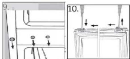 Technical diagram showing mechanical assembly steps with arrows indicating direction and numbered labels 9 and 10