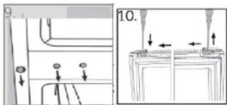 Technical diagram showing mechanical assembly steps with arrows indicating movement and labeled section 10.