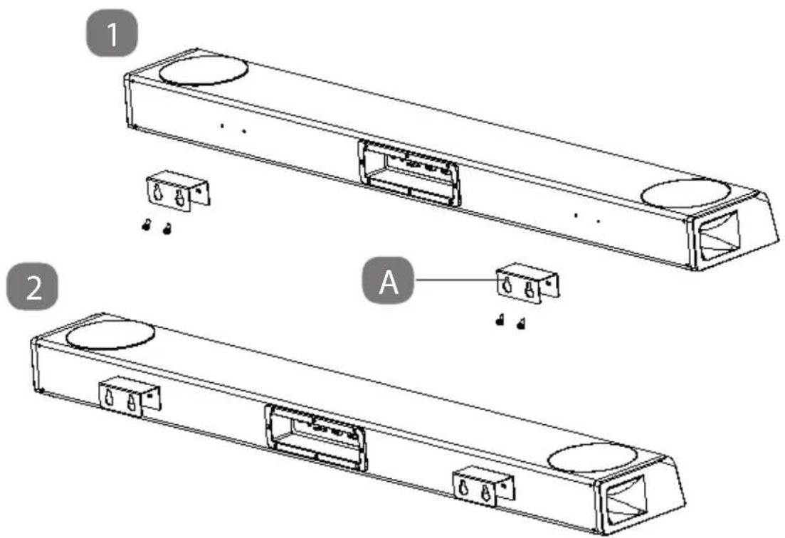 Technical diagram showing two views of a device with labeled components and mounting holes, including parts labeled 1 and 2.