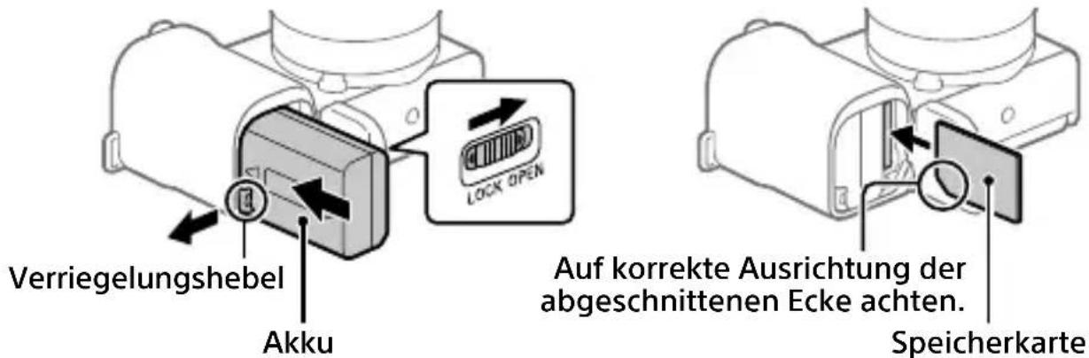 SONY ZVE10L - Einsetzen des Akkus (mitgeliefert)/der Speicherkarte (getrennt erhältlich) in die Kamera - 1