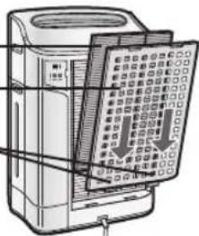 SHARP FZC150DFU - Insérez les 2 languettes inférieures du panneau arrière (gauche et droite) dans les petites fentes dans l'appareil et glissez le filtre désodorisant lavable entre le filtre HEPA authentique et le panneau arrière. - 1