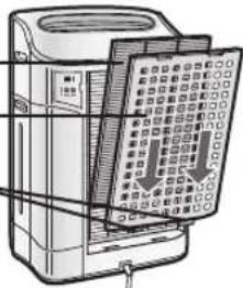 SHARP FZC150DFU - Insert the Back Panel's 2 bottom tabs (left and right) into the small holes in the unit, and slide the Washable Deodorizing filter between the True HEPA filter and the Back Panel. - 1