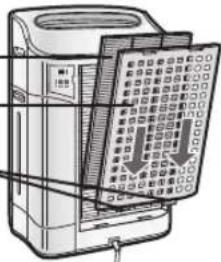 SHARP FZC150DFU - Introduzca las dos lengüetas inferiores del panel posterior (izquierda y derecha) dentro de los agujeros pequeños en la unidad y deslice el Filtro desodorizante lavable entre el filtro True HEPA - 1