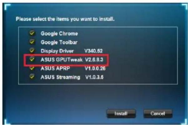 ASUS GPU Tweak II - W menu głównym kliknij Install (Zainstaluj). - 2