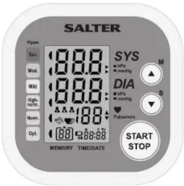 SALTER Hype. Sev. Mod. Mld High-norm. Norm. Opt. 88.0 88.0 88.0 88.0 198.0 MEMORY TIME/DATE SYS kPa mmHg DIA kPa mmHg Pulse/min M S START STOP