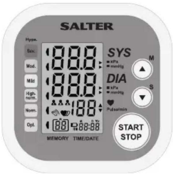 SALTER Hype. Sex. Mod. Mild High- norm. Norm. Opt. 8.0.0 8.0.0 8.0.0 8.0.0 1.98 88 R:88:88 MEMORY TIME/DATE SYS kPa mmHg DIA kPa mmHg Pulse/min M S START STOP