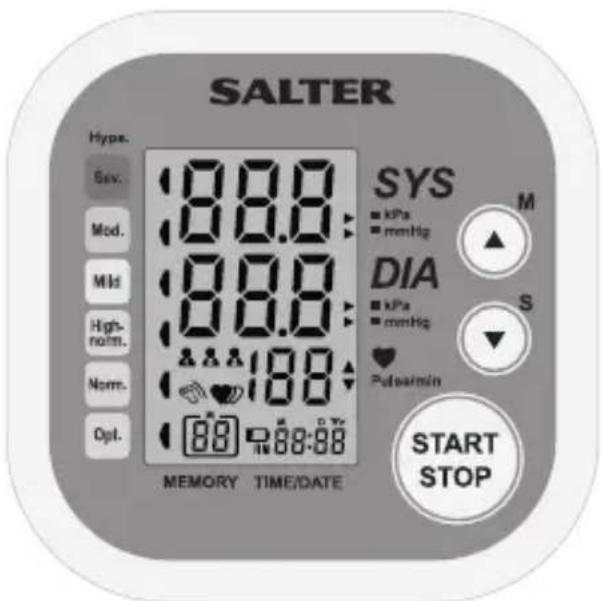 SALTER Hype. Sev. Mod. Mld High-norm. Norm. Opt. 88.0 88.0 88.0 88.0 188 MEMORY TIME/DATE SYS kPa mmHg DIA kPa mmHg Pulse/min M S START STOP
