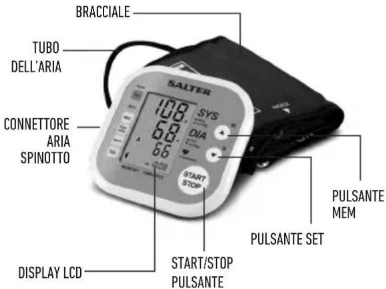 BRACCIALE TUBO DELL'ARIA CONNETTORE ARIA SPINOTTO SALTER SYS DIA START STOP PULSANTE MEM PULSANTE SET DISPLAY LCD START/STOP PULSANTE