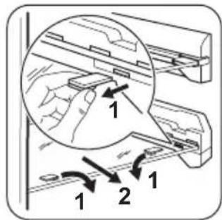 Diagram showing a hand inserting a component into a device, with numbered arrows indicating parts of the device.