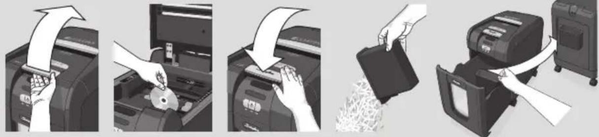 Four-step illustration showing hands inserting a coin into a printer, then to transfer a plastic bag into a machine (no text or symbols present)