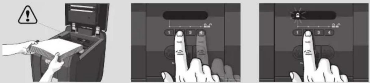 Illustration showing three steps of inserting a device into a folder, with warning symbols and finger pressing instructions.