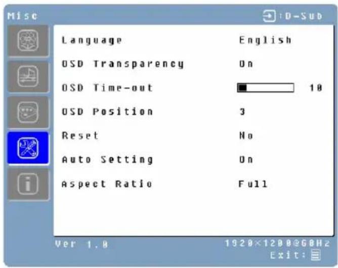 WESTINGHOUSE L2410NM - Miscellaneous Menu (while in PC Inputs including DVI when using DVI-HDMI cable) - 1
