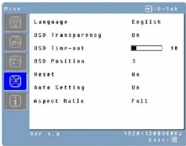 WESTINGHOUSE L2410NM - Menu de Misceláneos (durante Entradas de PC incluyendo DVI cuando se usa cable DVI-HDMI) - 1