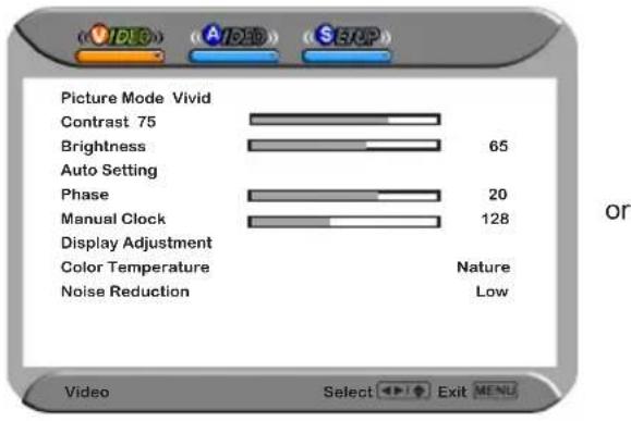 Picture Mode Vivid Contrast 75 Brightness Auto Setting Phase Manual Clock Display Adjustment Color Temperature Noise Reduction Nature Low Video Select Exit MENU
