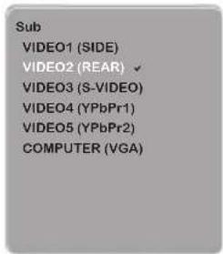 Sub VIDEO1 (SIDE) VIDEO2 (REAR) ✓ VIDEO3 (S-VIDEO) VIDEO4 (YPbPr1) VIDEO5 (YPbPr2) COMPUTER (VGA)