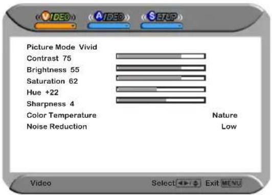 Picture Mode Vivid Contrast 75 Brightness 55 Saturation 62 Hue +22 Sharpness 4 Color Temperature Nature Noise Reduction Low Video Select Exit MENU
