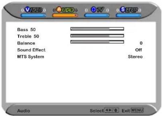 V/23D AUDIO ON SETUP Bass 50 Treble 50 Balance Sound Effect MTS System 0 Off Stereo Audio Select Exit MENU