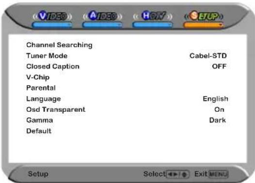 Channel Searching Tuner Mode Cabel-STD Closed Caption OFF V-Chip Parental Language English Osd Transparent.On Gamma Dark Default Setup Select Exit MENU