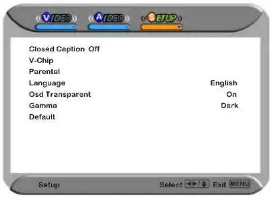 Closed Caption Off V-Chip Parental Language English Osd Transparent On Gamma Dark Default Setup Select Exit MENU
