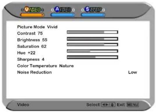 Picture Mode Vivid Contrast 75 Brightness 55 Saturation 62 Hue +22 Sharpness 4 Color Temperature Nature Noise Reduction Low Video Select Exit MEN