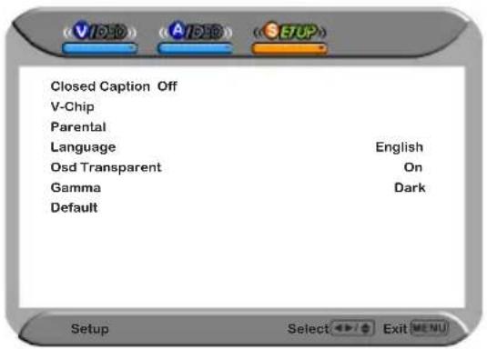 Closed Caption Off V-Chip Parental Language English Osd Transparent On Gamma Dark Default Setup Select Exit(MENU)