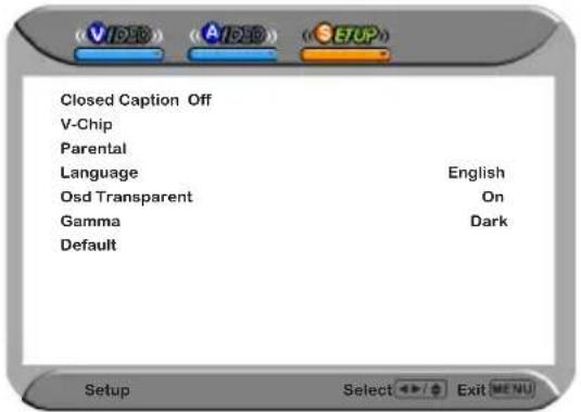 Closed Caption Off V-Chip Parental Language English Osd Transparent On Gamma Dark Default Setup Select Exit MENU