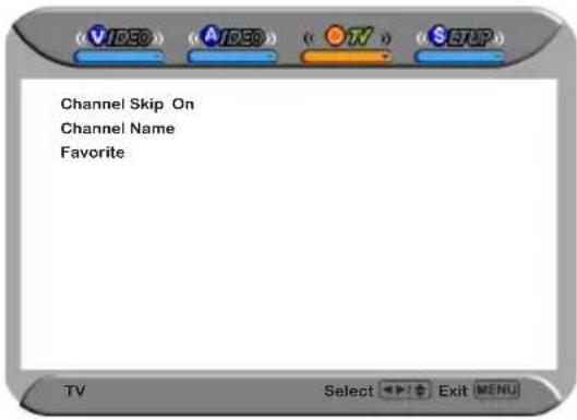 VIDEO AIP30 ON SETUP Channel Skip On Channel Name Favorite TV Select Exit MENU