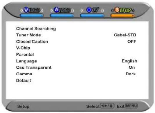 Channel Searching Tuner Mode Cabel-STD Closed Caption OFF V-Chip Parental Language English Osd Transparent On Gamma Dark Default Setup Select Exit MENU