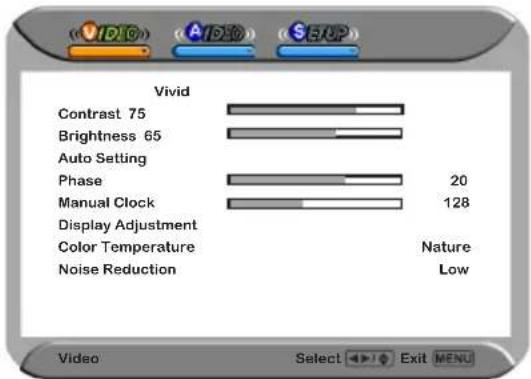Vivid Contrast 75 Brightness 65 Auto Setting Phase Manual Clock Display Adjustment Color Temperature Noise Reduction Nature Low Video Select Exit MENU