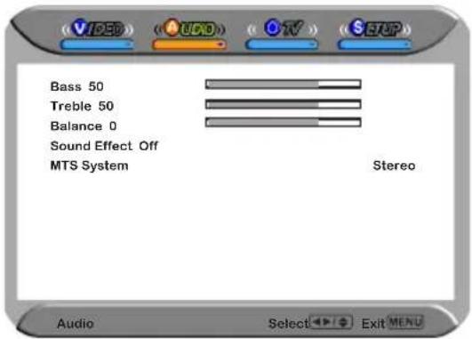 VICO AUDIO ON SETUP Bass 50 Treble 50 Balance 0 Sound Effect Off MTS System Stereo Audio Select Exit MENU
