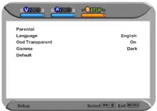 Parental Language English Osd Transparent On Gamma Dark Default Setup Select Exit MENU