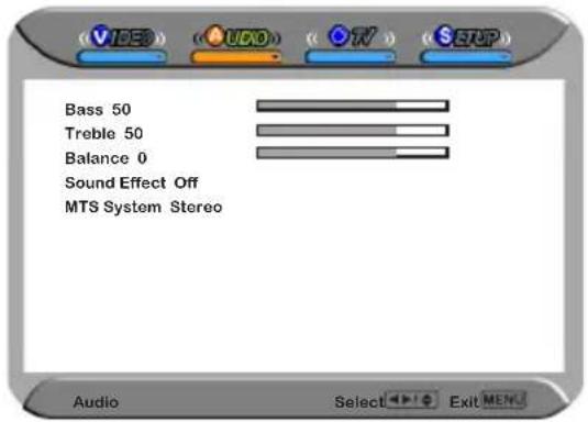 Bass 50 Treble 50 Balance 0 Sound Effect Off MTS System Stereo Audio Select Exit MEN