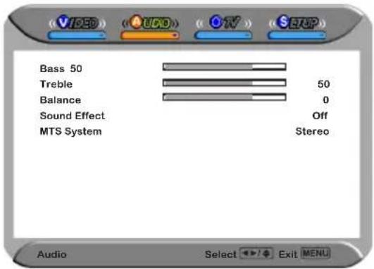 V123D AUDIO ON SETP Bass 50 Treble Balance Sound Effect MTS System 50 0 Off Stereo Audio Select Exit MENU