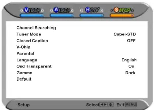 Channel Searching Tuner Mode Cabel-STD Closed Caption OFF V-Chip Parental Language English Osd Transparent On Gamma Dark Default Setup Select Exit MENU