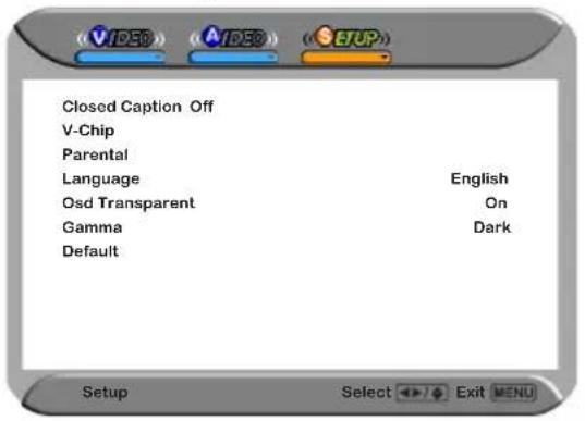 Closed Caption Off V-Chip Parental Language English Osd Transparent On Gamma Dark Default Setup Select Exit MENU