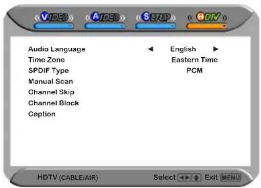 Audio Language Time Zone SPDIF Type Manual Scan Channel Skip Channel Block Caption English Eastern Time PCM HDTV (CABLE/AIR) Select Exit MENU