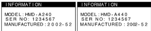SONY HMDA240R - Affichage de l'identification du moniteur, du numéro de série et de la date de fabrication. - 1