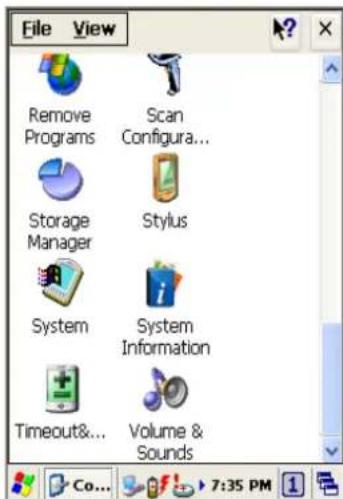 File View Remove Programs Scan Configura... Storage Manager Stylus System System Information Timeout&... Volume & Sounds 7:35 PM