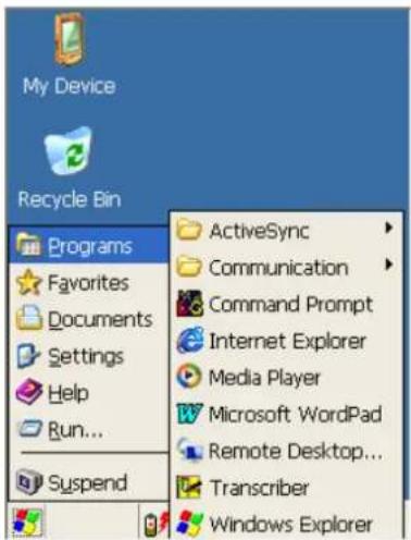 My Device 2 Recycle Bin Programs Favorites Documents Settings Help Run... Suspend ActiveSync Communication Command Prompt Internet Explorer Media Player Microsoft WordPad Remote Desktop... Transcriber Windows Explorer