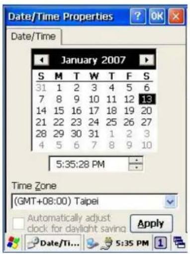 Date/Time Properties Date/Time January 2007 S M T W T F S 31 1 2 3 4 5 6 7 8 9 10 11 12 13 14 15 16 17 18 19 20 21 22 23 24 25 26 27 28 29 30 31 1 2 3 4 5 6 7 8 9 10 5:35:28 PM Time Zone (GMT+08:00) Taipei Automatically adjust clock for daylight saving Apply Date/Ti... S:35 PM
